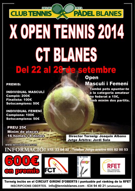 Del 22 al 29 setembre | CT Blanes | X Open Tennis 214